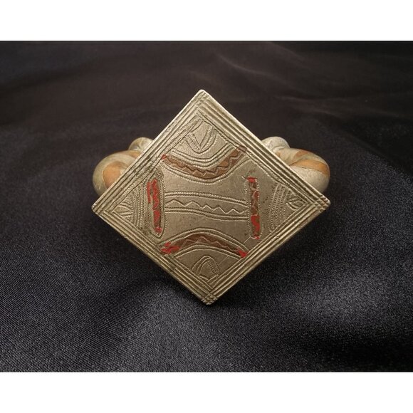 Antique African Heavy Metal Cuff Bracelet With Intricate Geometric Red & Brown - Picture 2 of 5